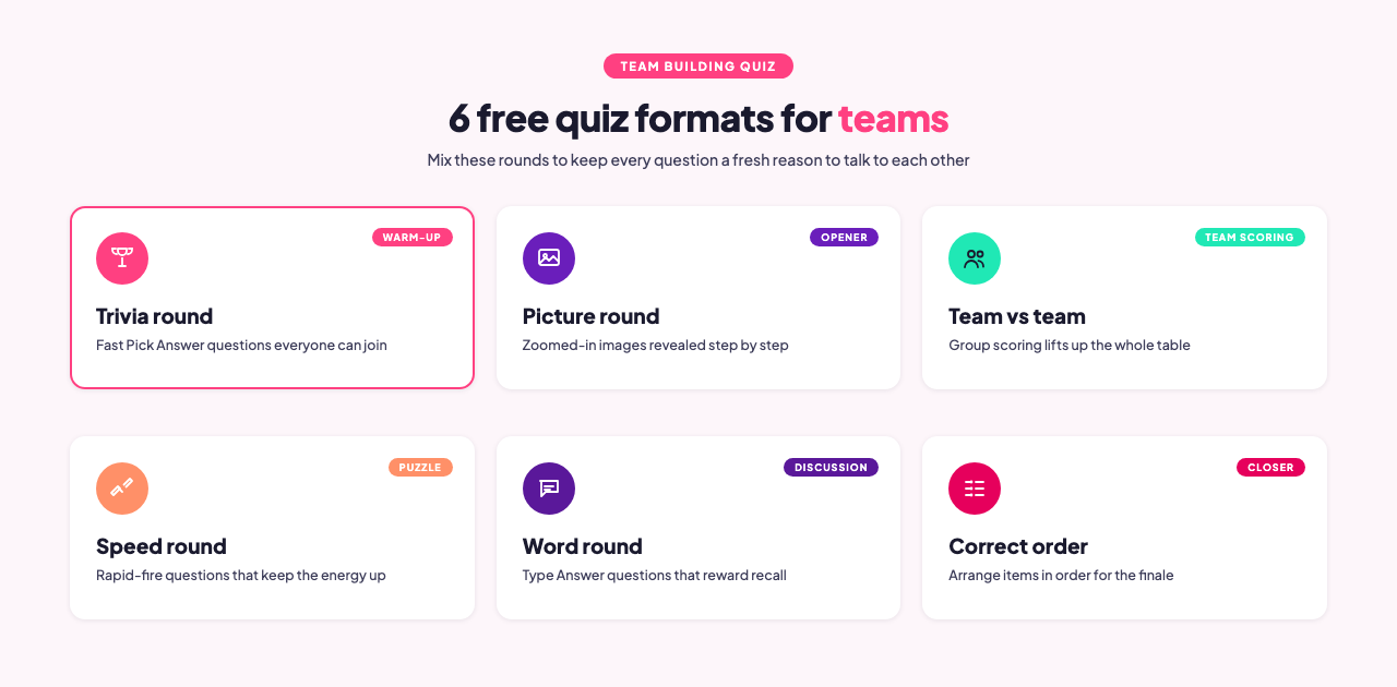 Infographic showing six free quiz formats for team building