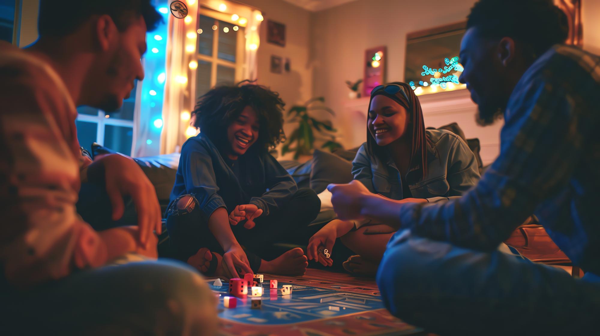 Friends enjoying a board game night together at home