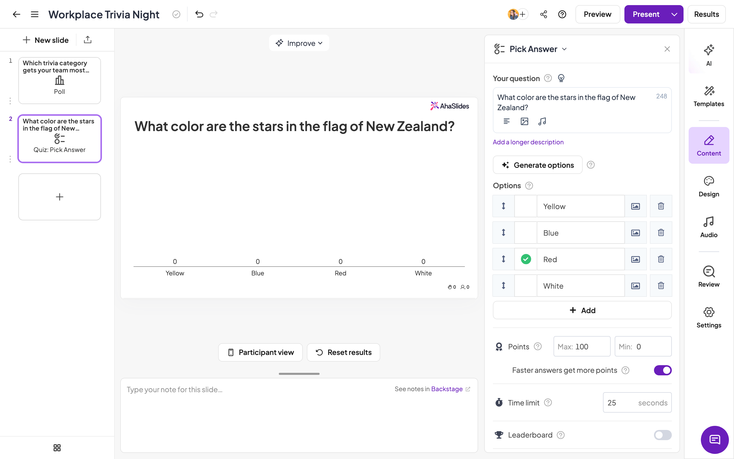 AhaSlides quiz editor settings panel showing time limit, scoring points, and faster-answer bonus options for customizing a quiz question