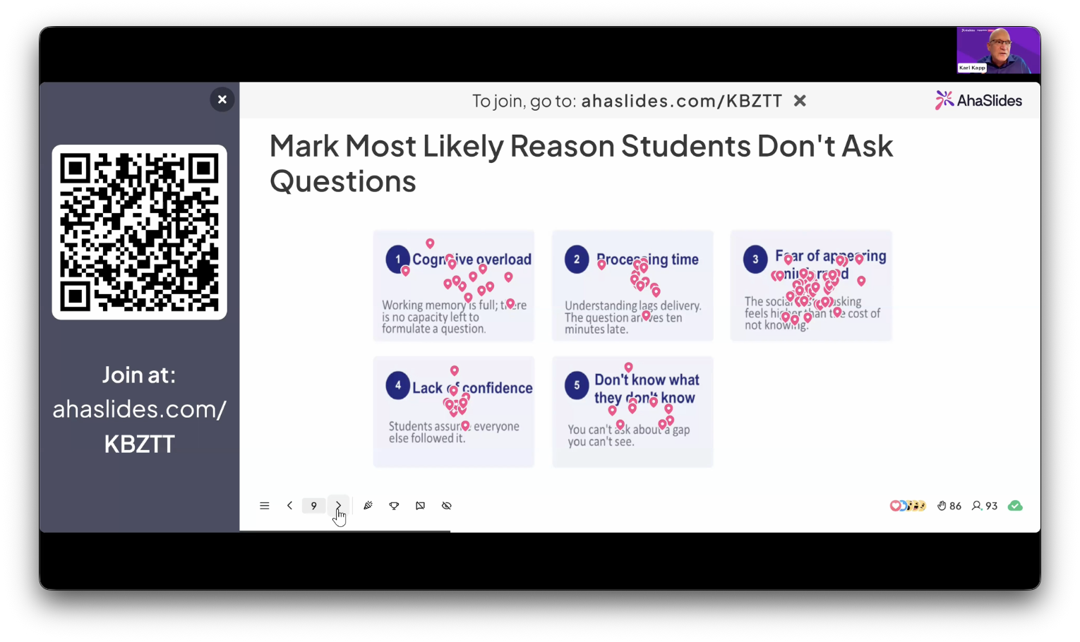 Attendees pin their answers on an AhaSlides slide showing the reasons students do not ask questions