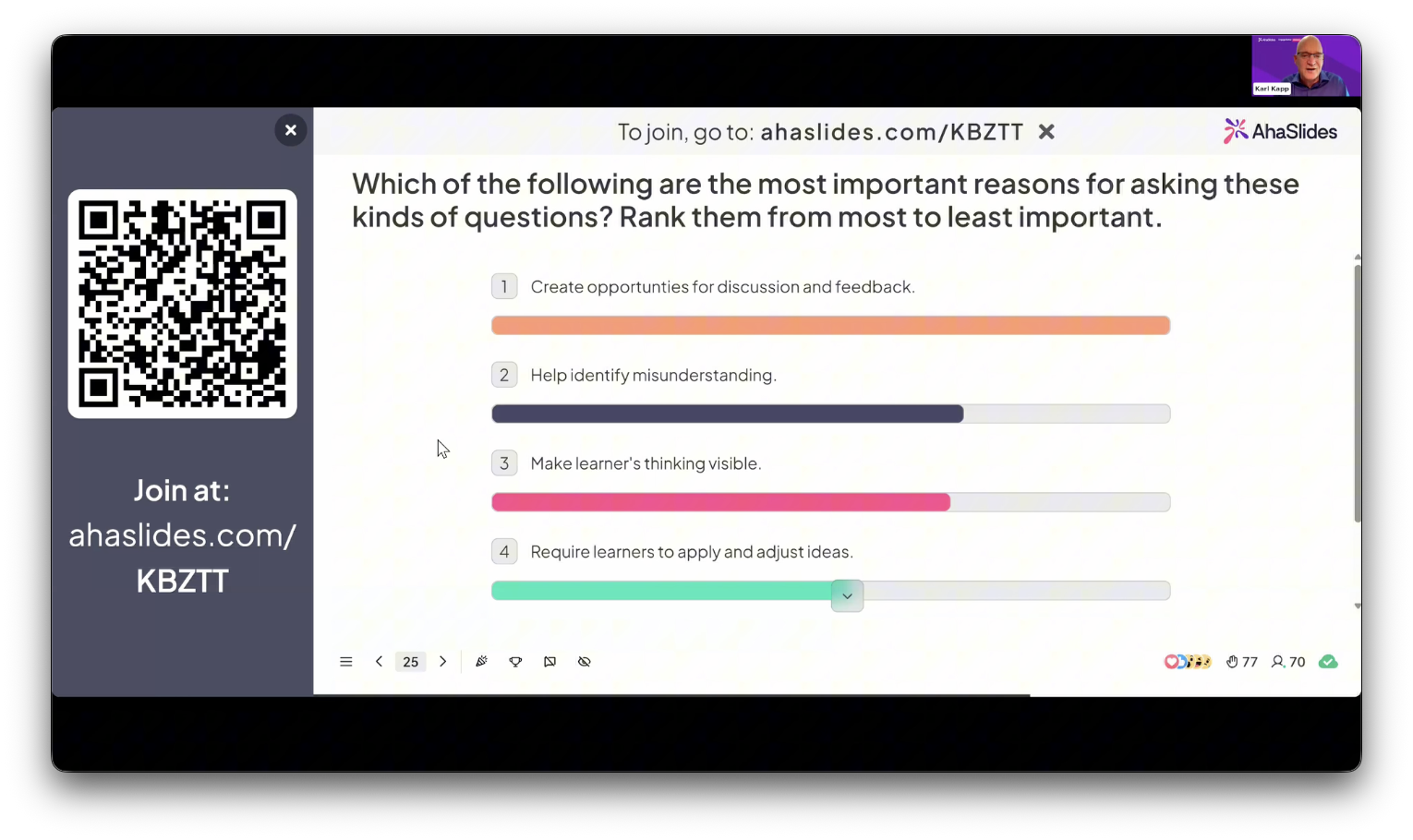 Live AhaSlides ranking poll results on the most important reasons for asking thinking questions