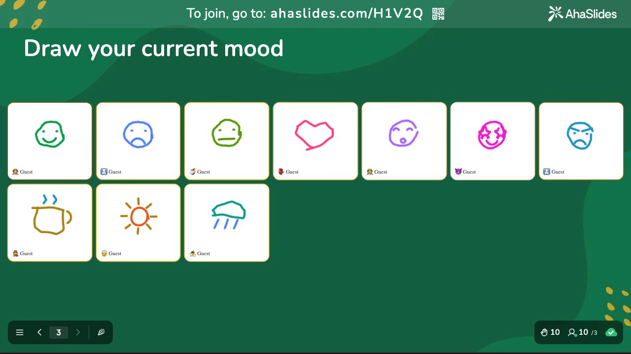 An AhaSlides Draw Answer mood check where students sketched how they feel, shown together on the presenter screen
