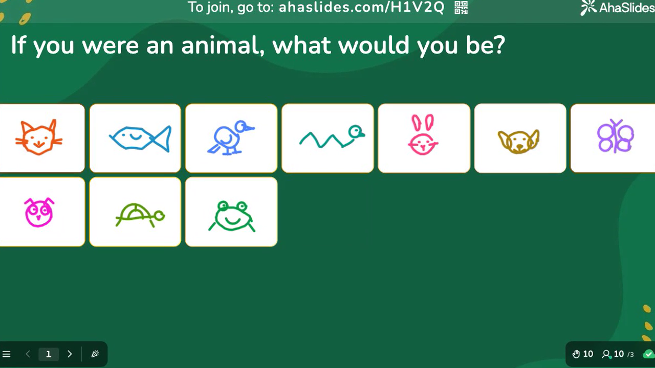 A class answering the icebreaker prompt If you were an animal what would you be with sketches on the AhaSlides Draw Answer wall