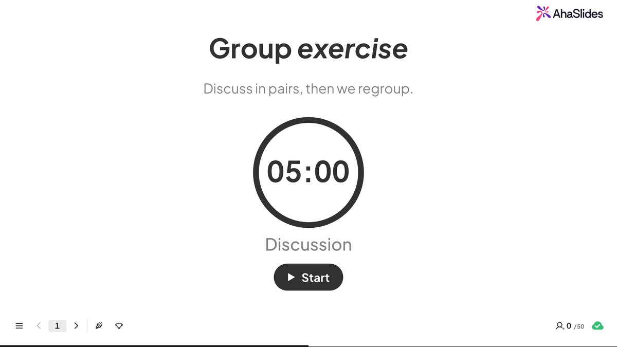 An AhaSlides slide in presenting mode: a timer ring reading 05:00 and a Start button