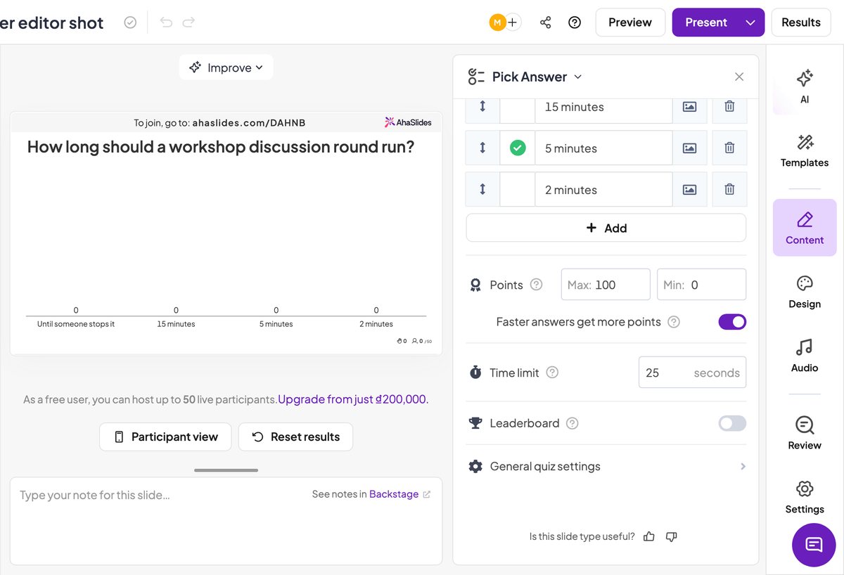 AhaSlides quiz settings: a 25-second time limit and the faster-answers toggle