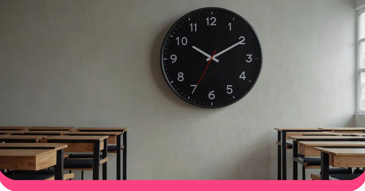 A large wall clock in a modern sunlit classroom with wooden desks