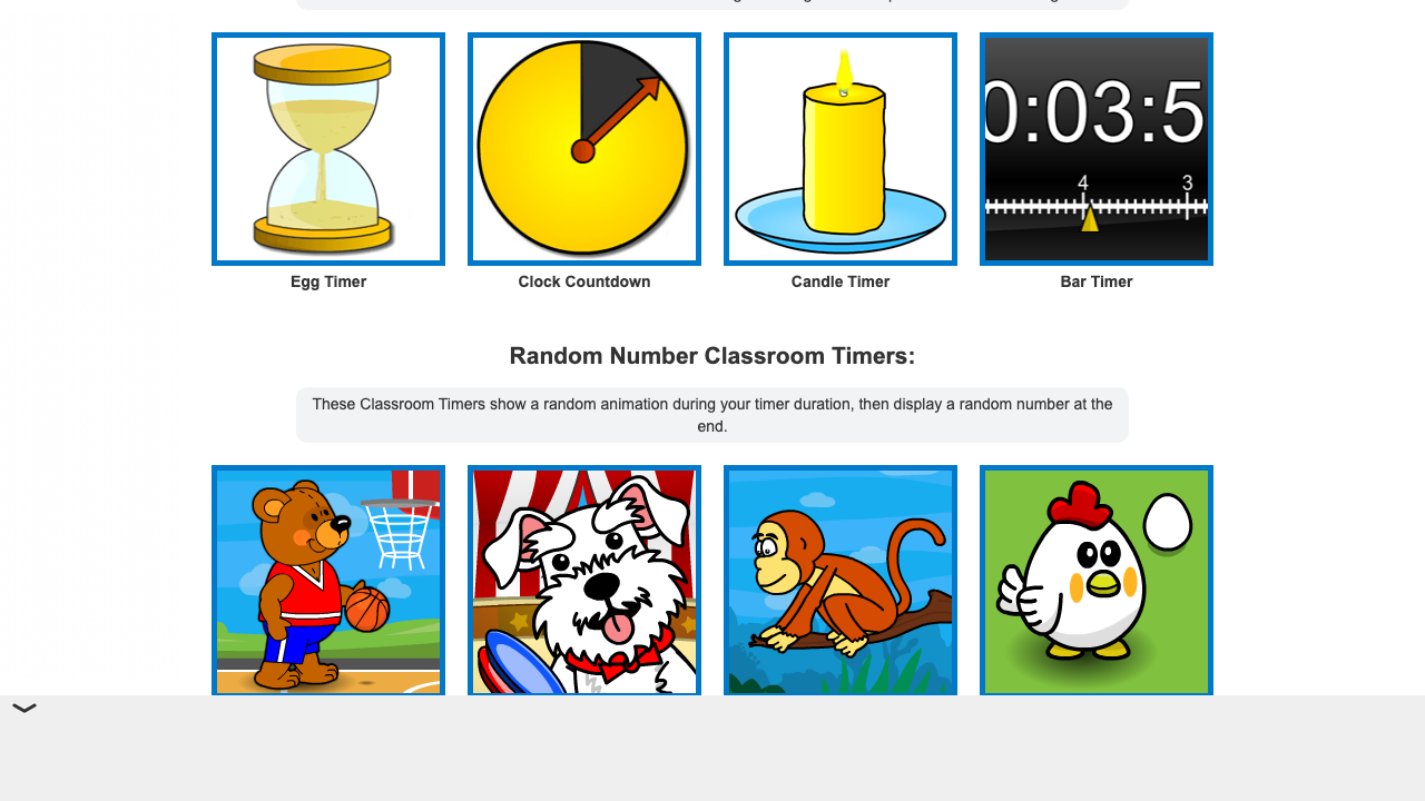 Online Stopwatch themed classroom timers including egg, clock, candle and bar countdowns