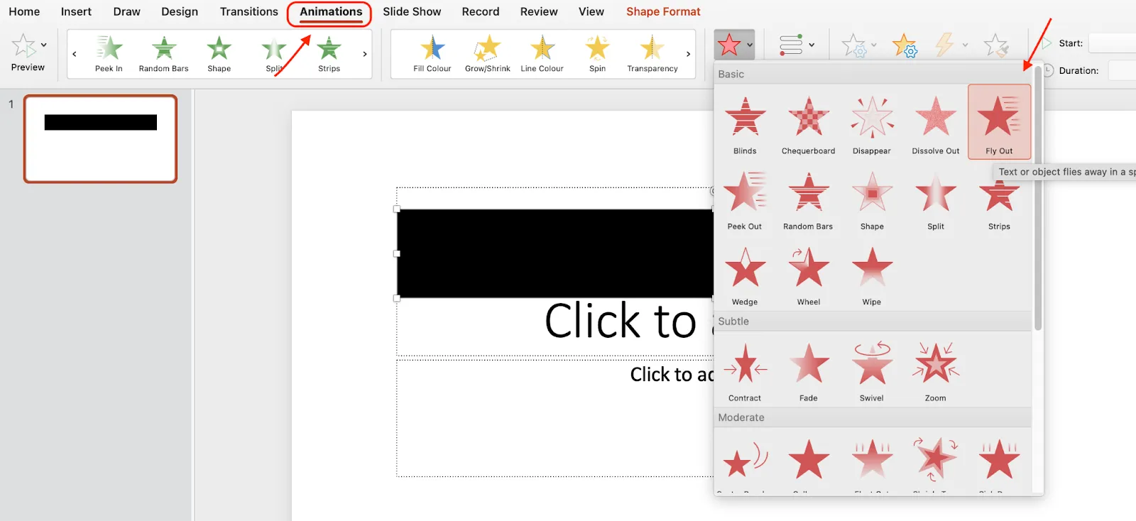 Select the Fly Out in the Animation tab - How to Add a Timer in PowerPoint