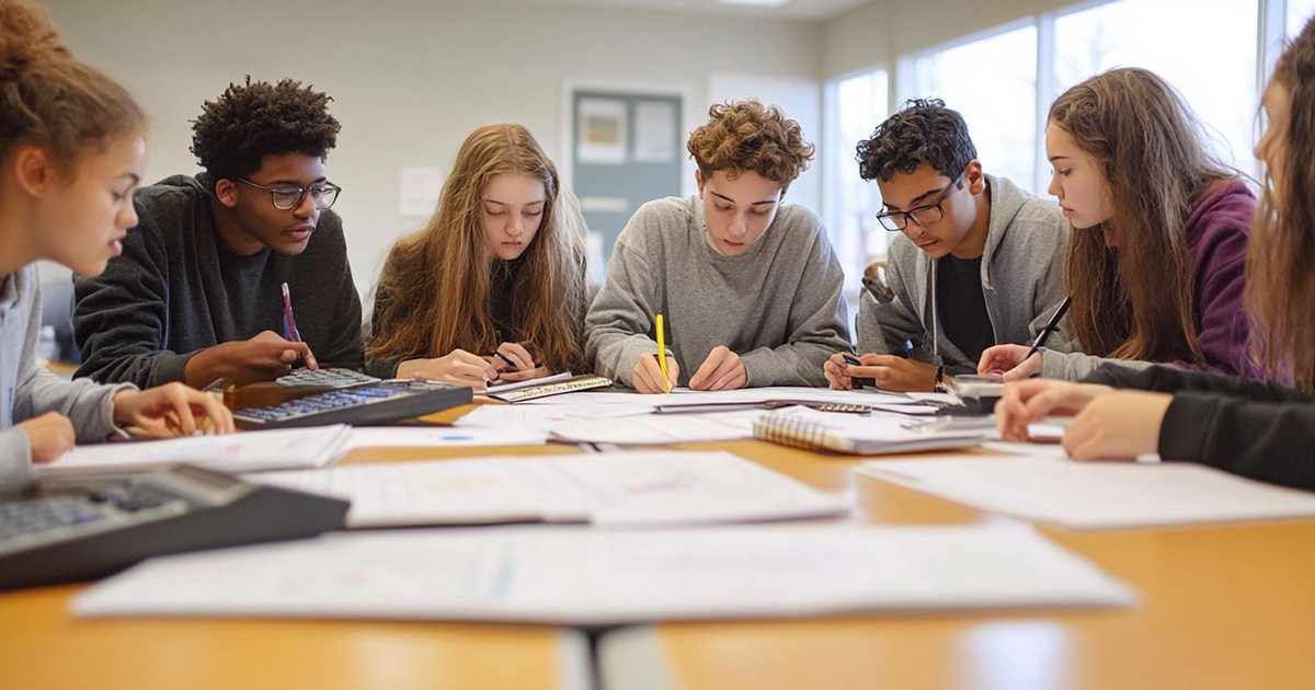High school students collaborating on math work at a table