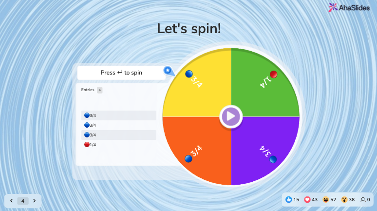 AhaSlides spinner wheel slide showing a probability game round with unequal odds