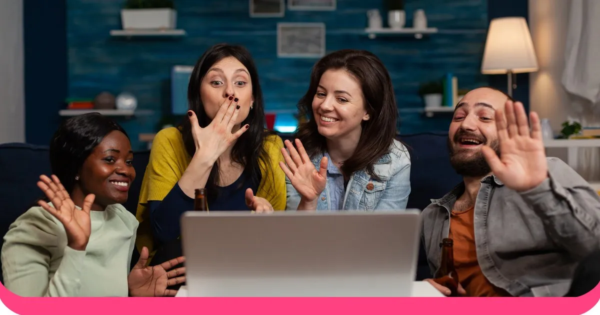 Friends on a video call enjoying an online quiz night together at home