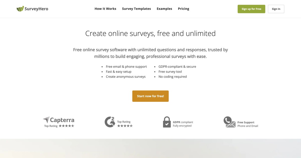 SurveyHero主頁展示了免費且無限制的線上調查創建功能