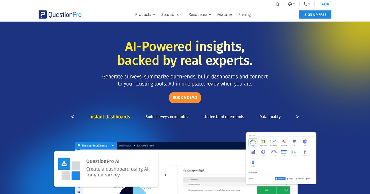 QuestionPro 首頁展示了由人工智慧驅動、並由真正專家支援的調查洞察。