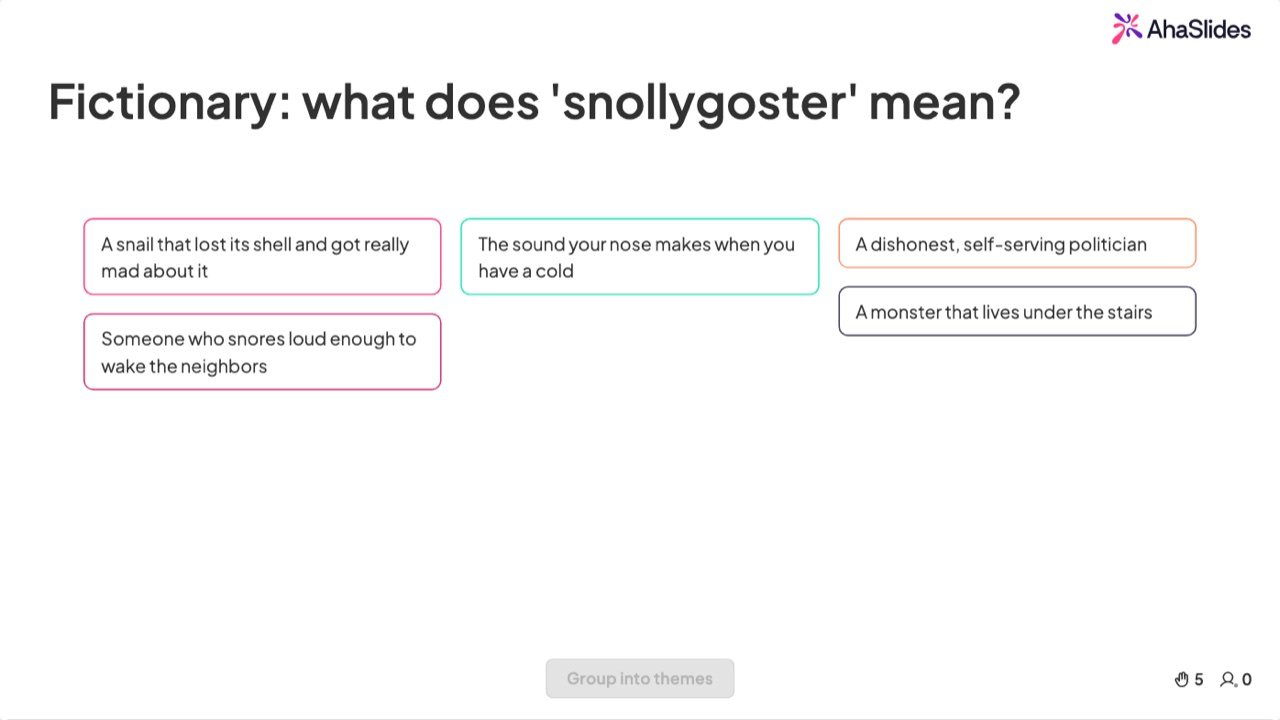 شريحة مفتوحة النهاية من AhaSlides تعرض خمسة أمثلة لتخمين كلمة "snollygoster" من قاموس المصطلحات الخيالية