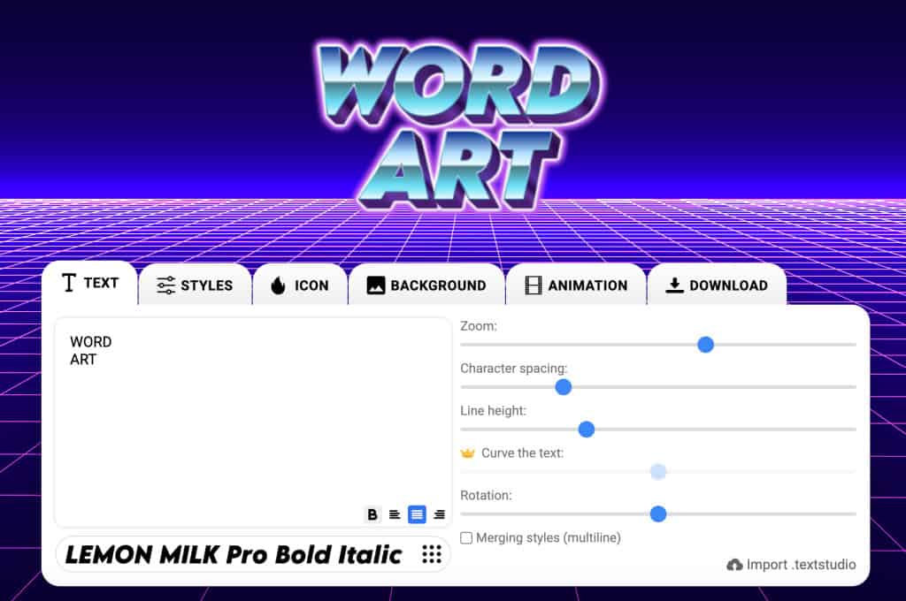 Interface de design de arte com palavras do Text Studio