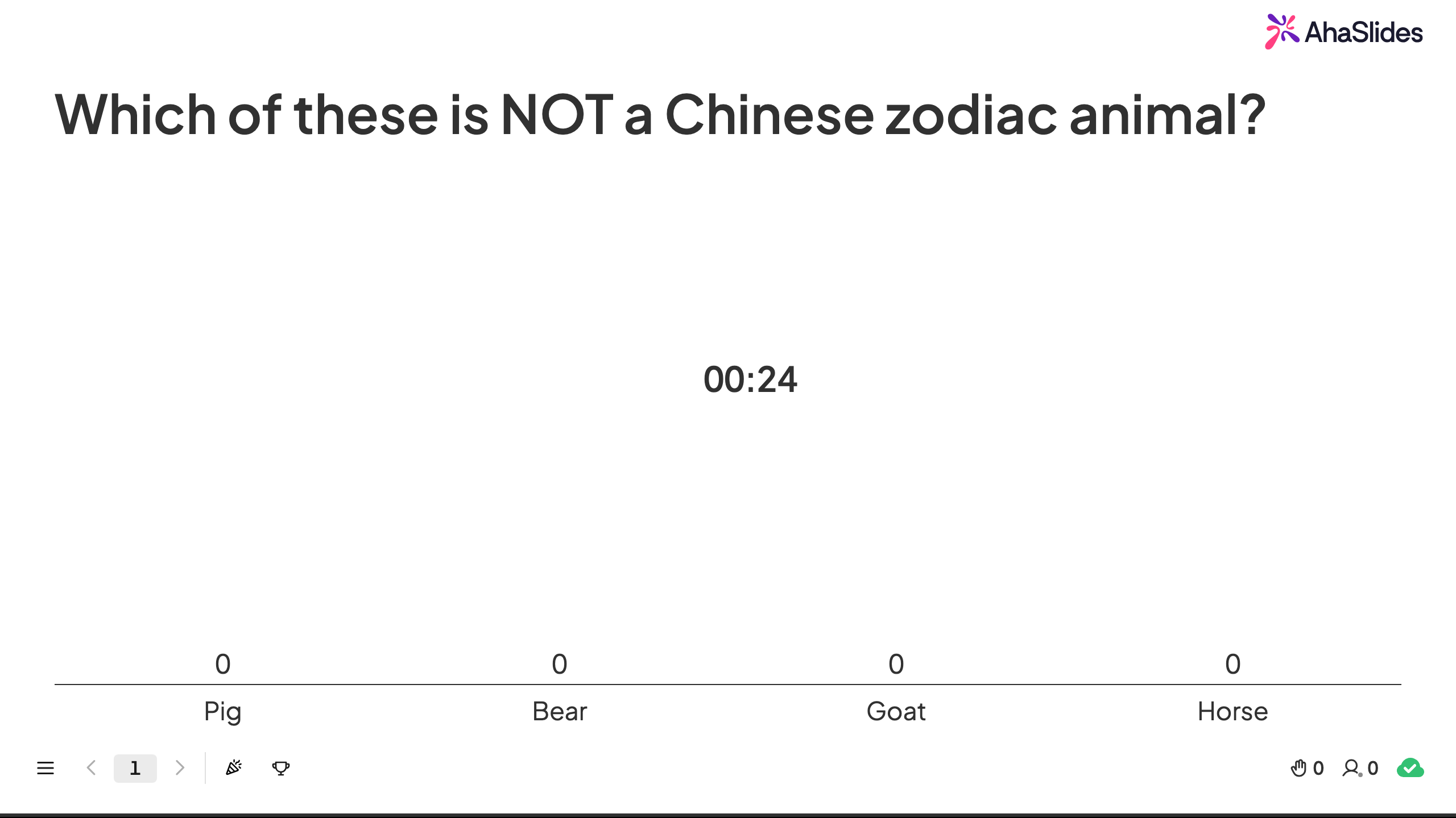 AhaSlides-Live-Quiz-Folie mit einer Frage zum chinesischen Tierkreiszeichen und vier Antwortmöglichkeiten
