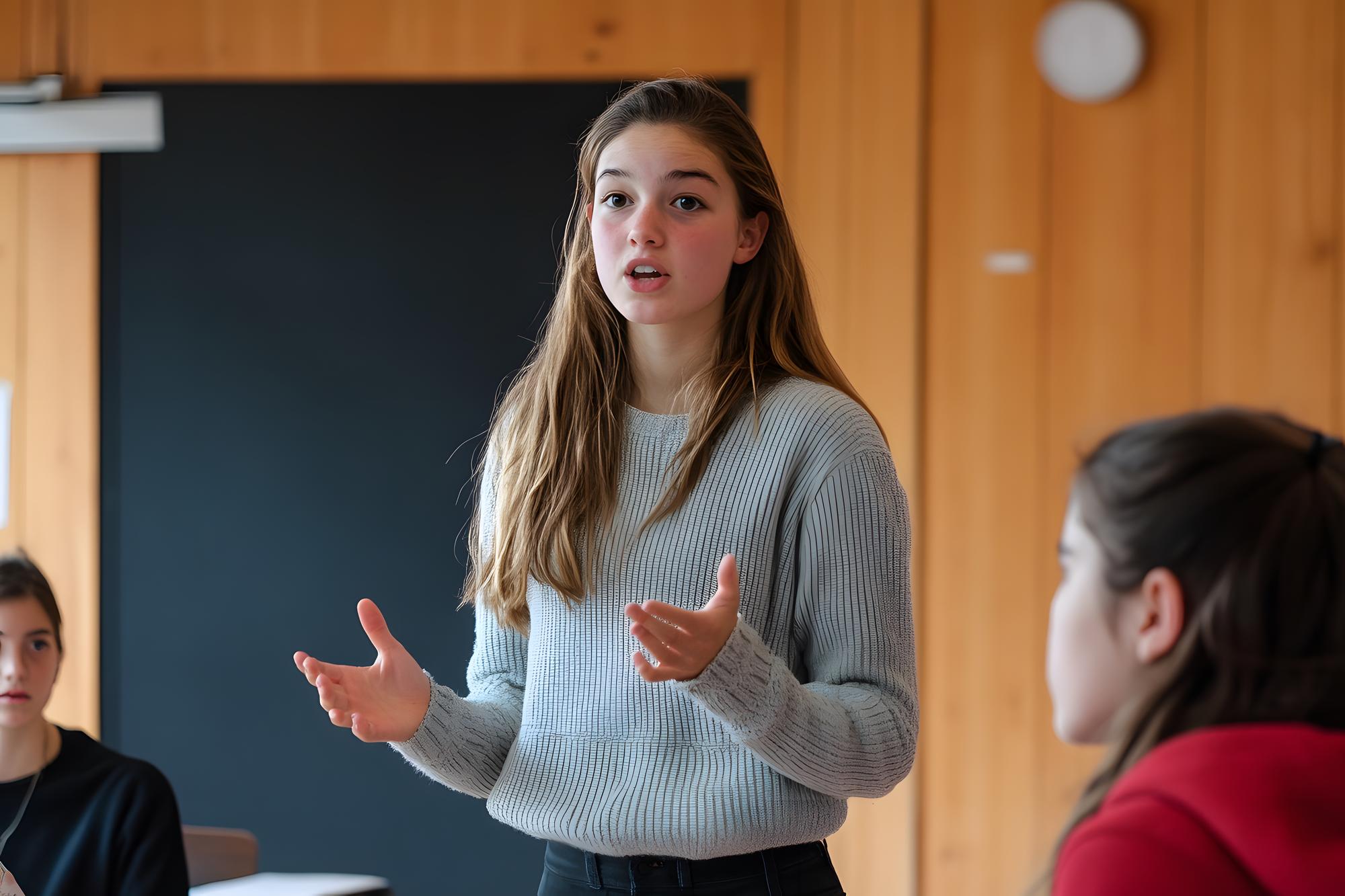 Students engaged in group discussion around a table in a classroom