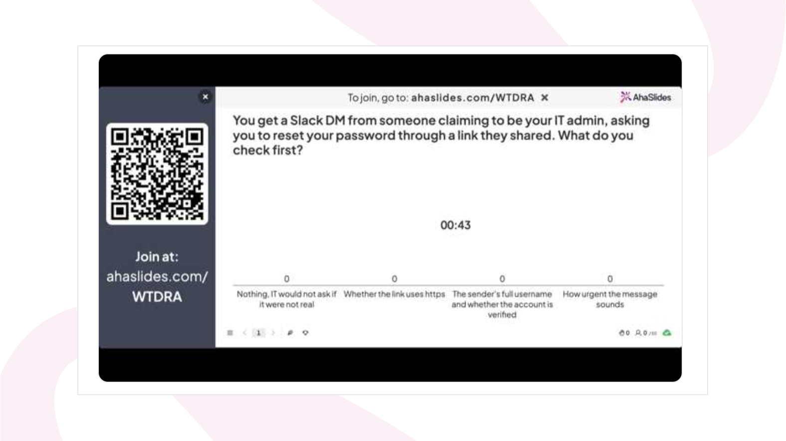 A phishing-awareness Pick Answer quiz running as a live AhaSlides slide
