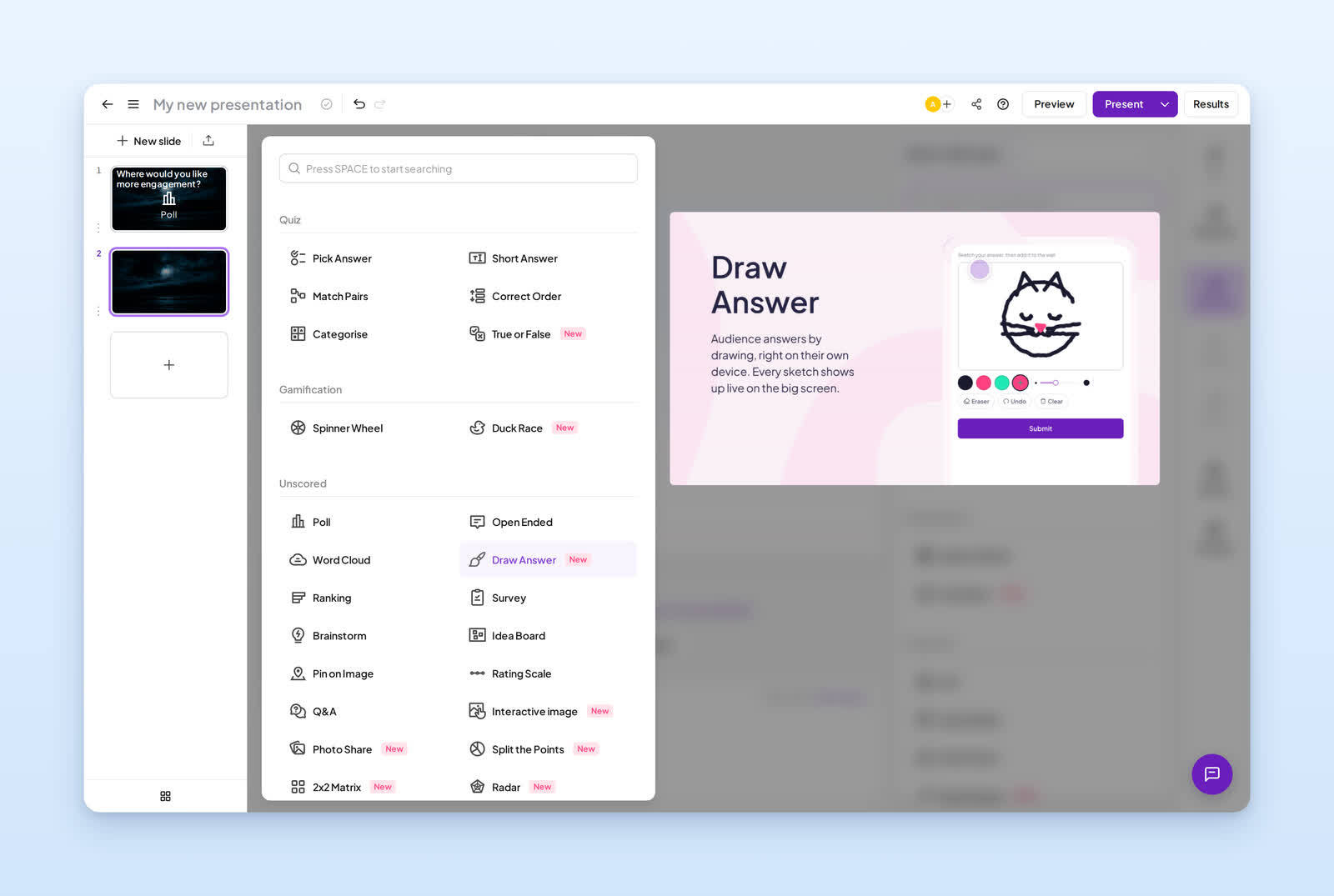 L'éditeur AhaSlides présente ses types de diapositives interactives.