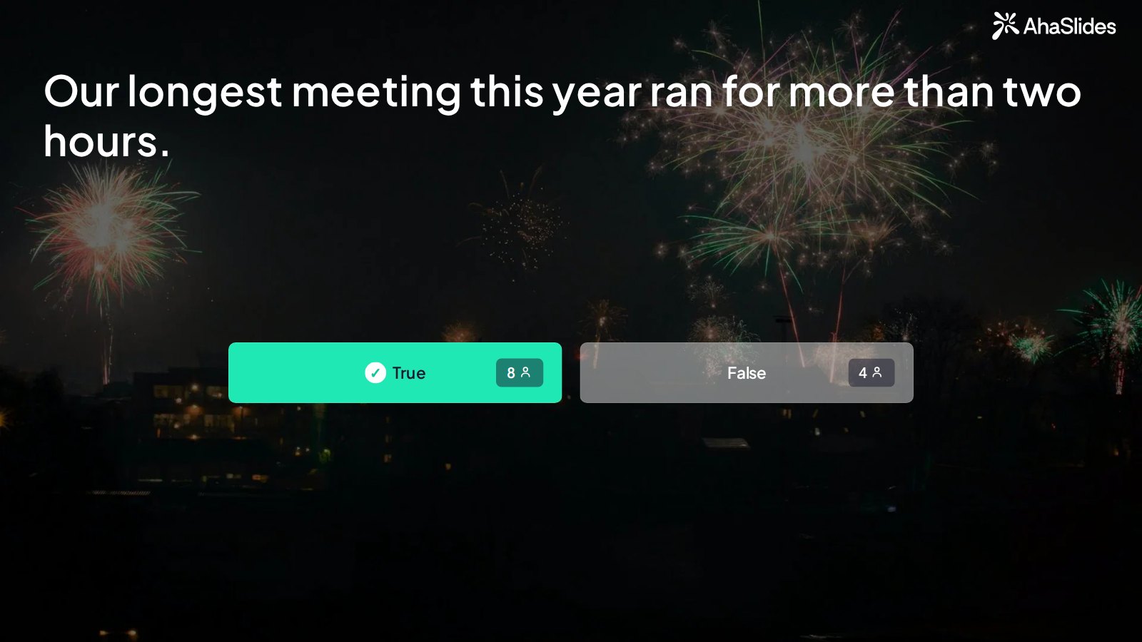 AhaSlides 的真假判斷結果顯示在一張夜間煙火照片上，判斷條件是：「我們今年持續時間最長的會議超過兩個小時。」正確答案「真」被 8 位玩家選擇，「假」被 4 位玩家選擇。