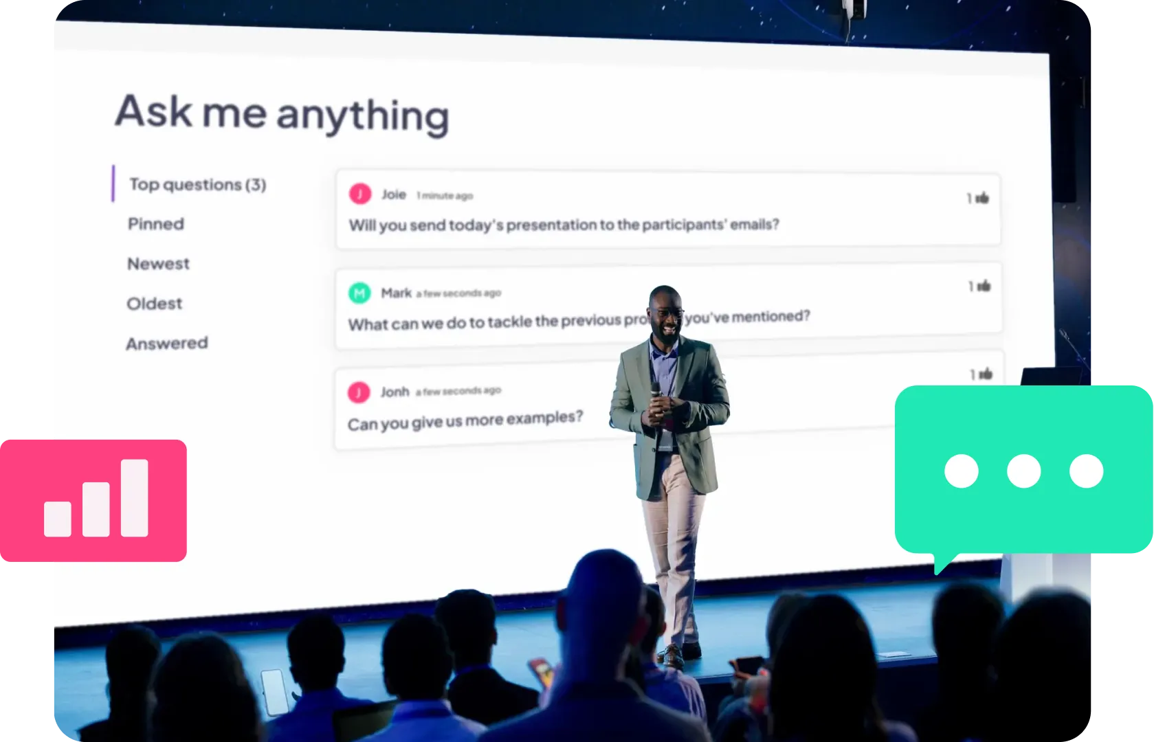 A speaker on stage in front of a live AhaSlides Q&A, with the audience asking from their own phones