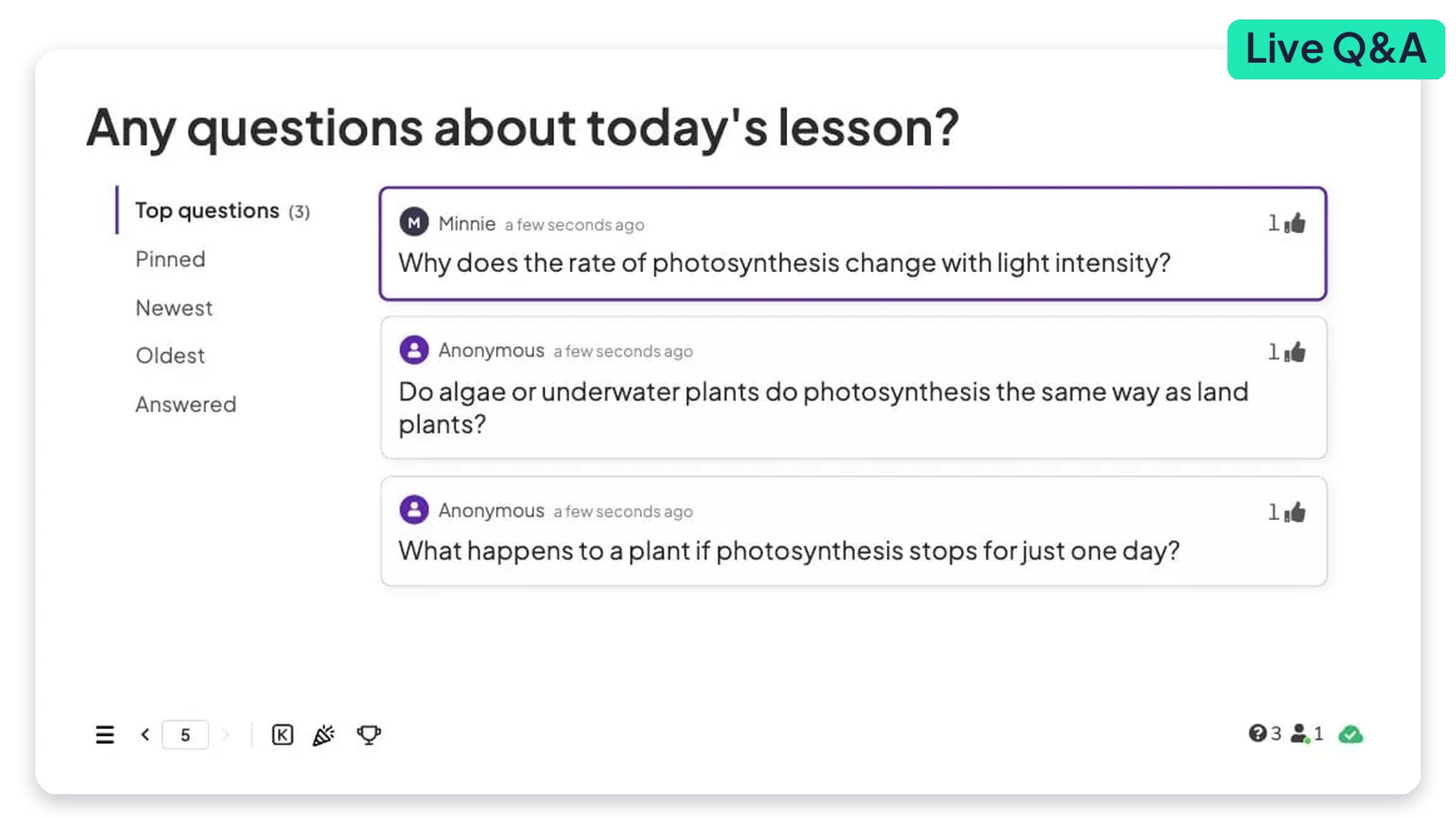 AhaSlides Q&A on the presenter screen with students' questions about today's lesson