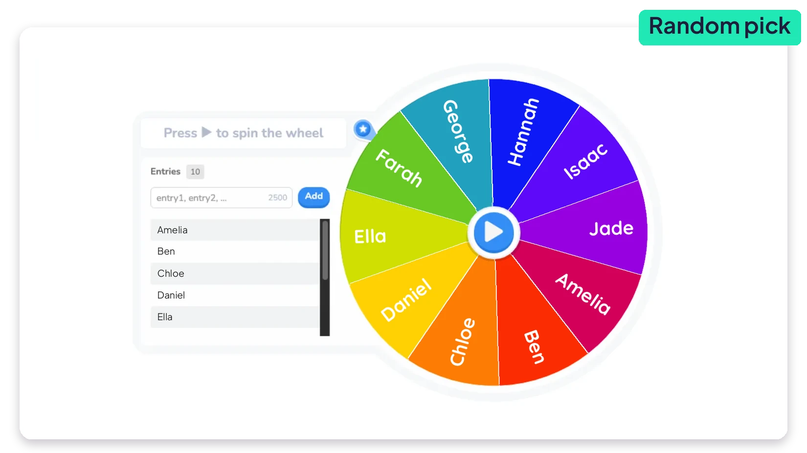 AhaSlides spinner wheel with ten names, ready to pick one at random